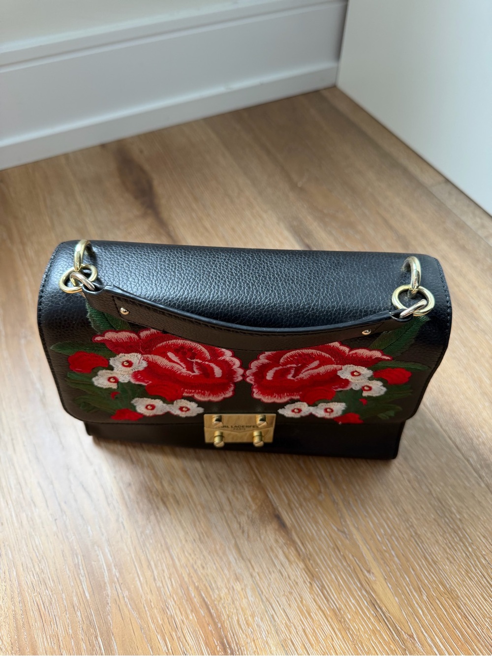 Karl Lagerfeld Black Leather Satchel with Red Floral Embroidery - Picture 3 of 7